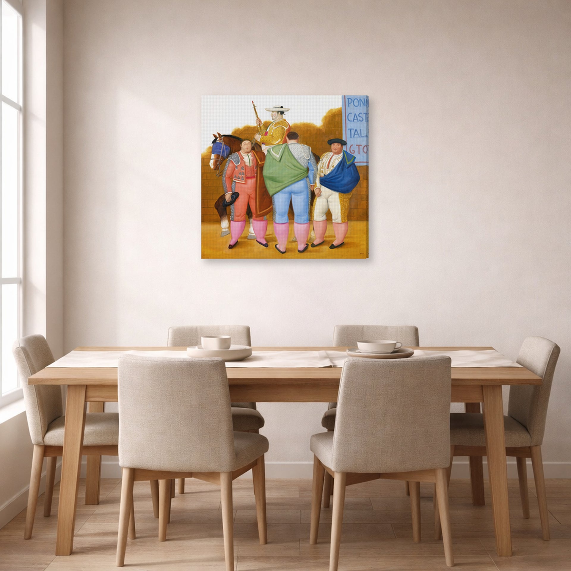 Gallery-wrapped canvas print of Fernando Botero's La Cuadrilla displayed on a wall in a dining room