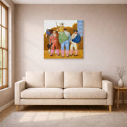 Gallery-wrapped canvas print of Fernando Botero's La Cuadrilla displayed on a wall in a living room