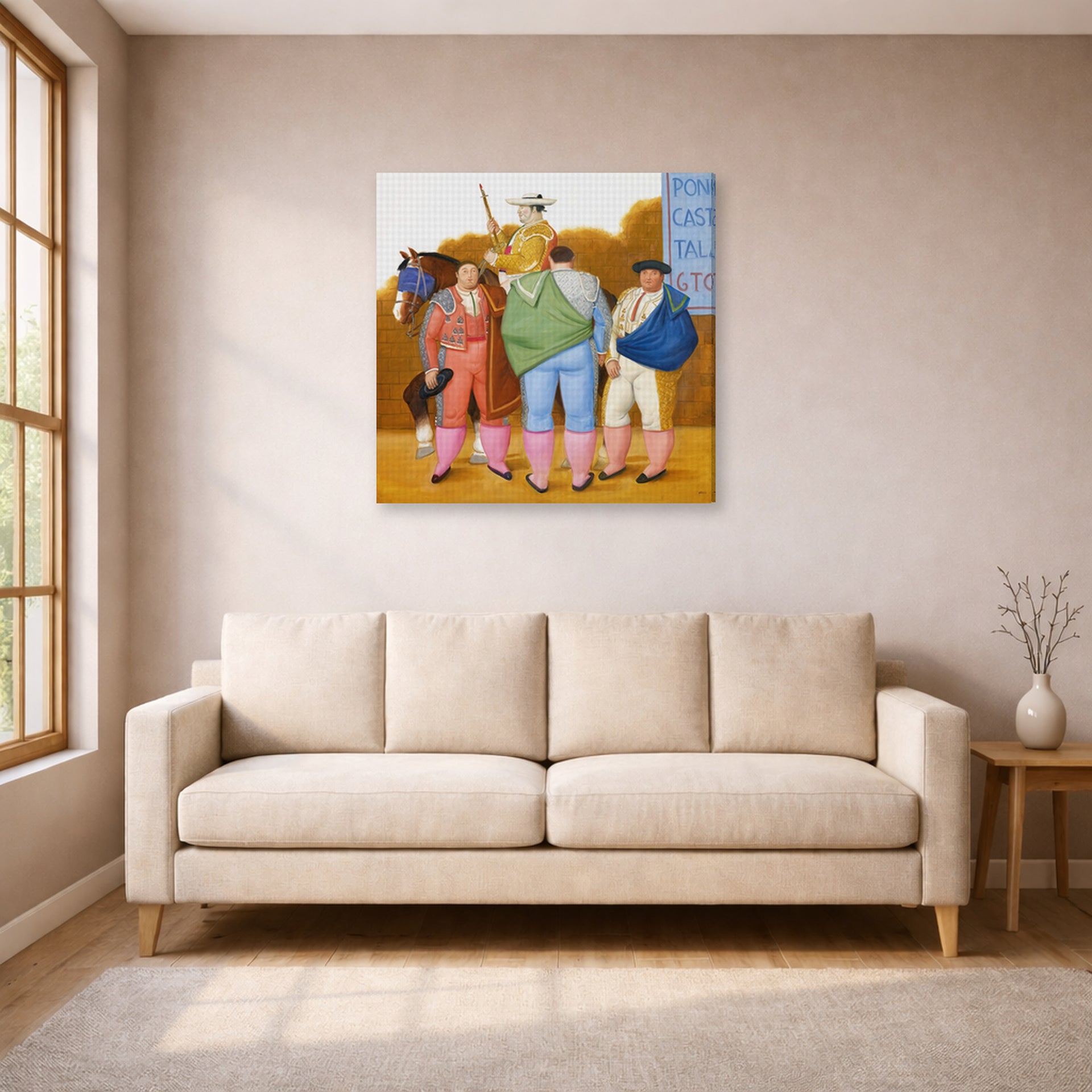 Gallery-wrapped canvas print of Fernando Botero's La Cuadrilla displayed on a wall in a living room