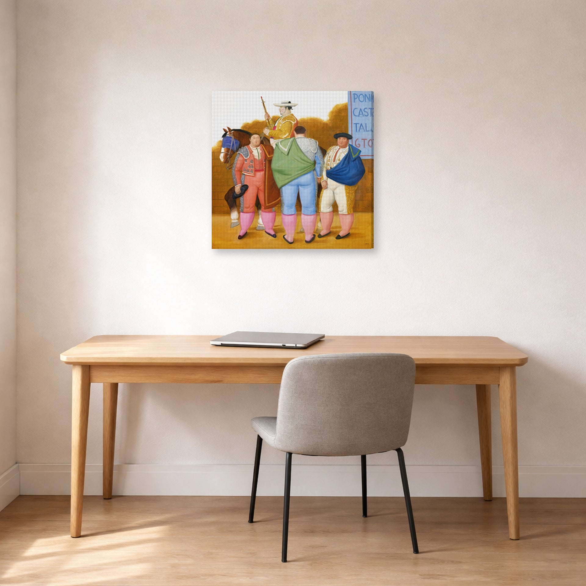 Gallery-wrapped canvas print of Fernando Botero's La Cuadrilla displayed on a wall in a home office