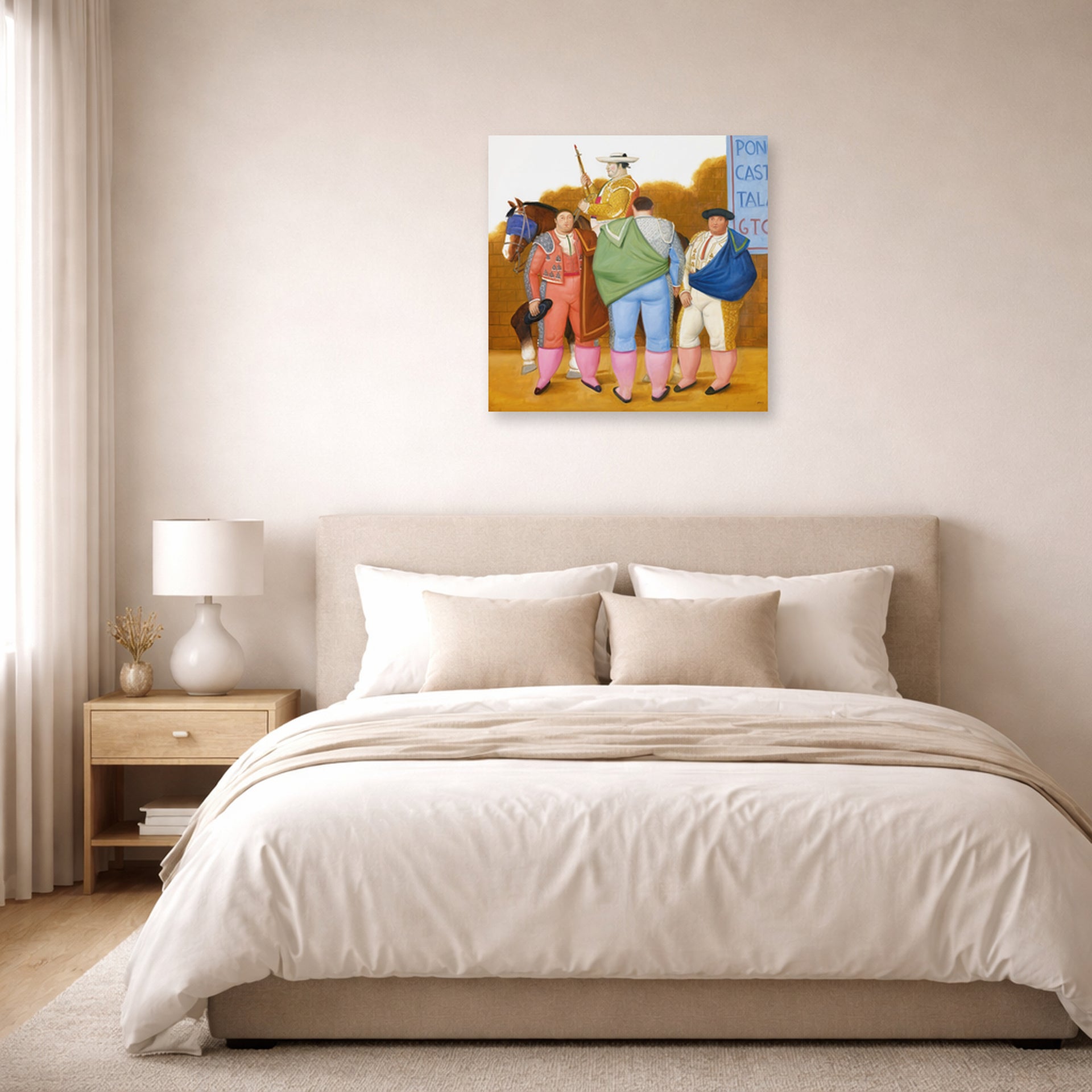 Unframed poster print of Fernando Botero's La Cuadrilla displayed on a wall in a bedroom