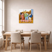 Unframed poster print of Fernando Botero's La Cuadrilla displayed on a wall in a dining room