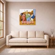 Unframed poster print of Fernando Botero's La Cuadrilla displayed on a wall in a living room