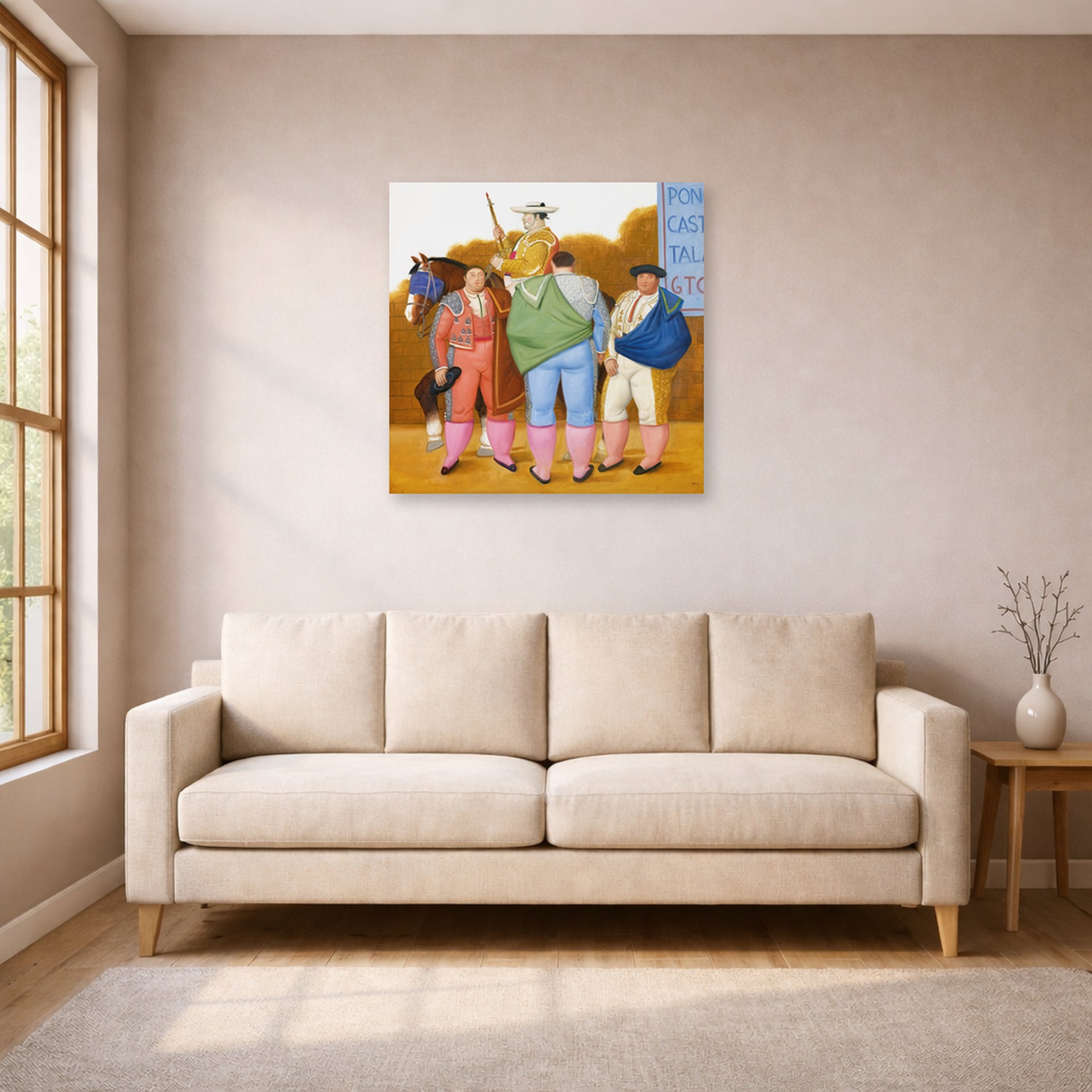 Unframed poster print of Fernando Botero's La Cuadrilla displayed on a wall in a living room