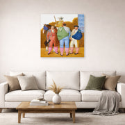 Unframed poster print of Fernando Botero's La Cuadrilla displayed on a wall in a living room