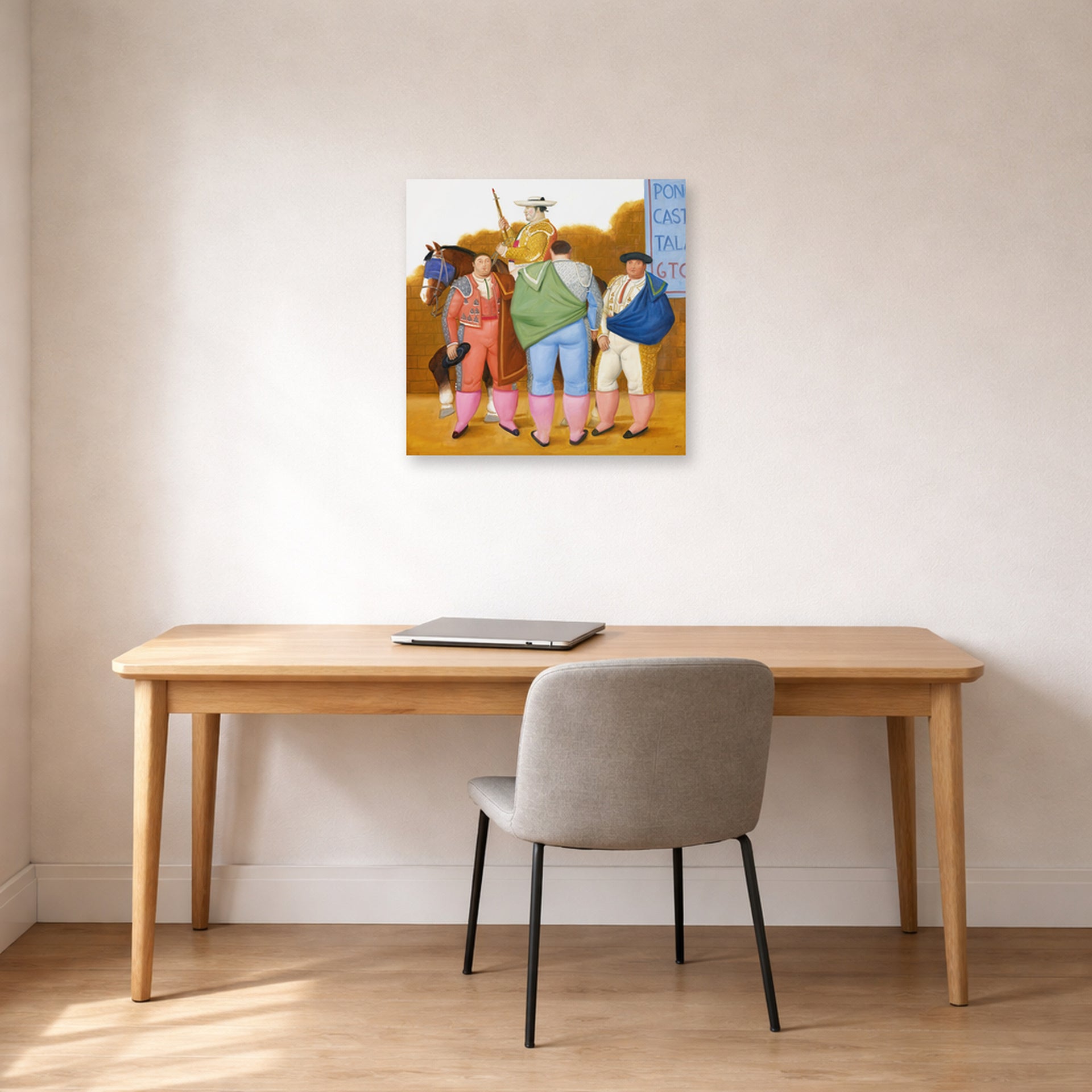 Unframed poster print of Fernando Botero's La Cuadrilla displayed on a wall in a home office