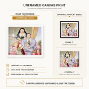 Fernando Botero - La Familia Colombiana canvas print size comparison and framing display infographic