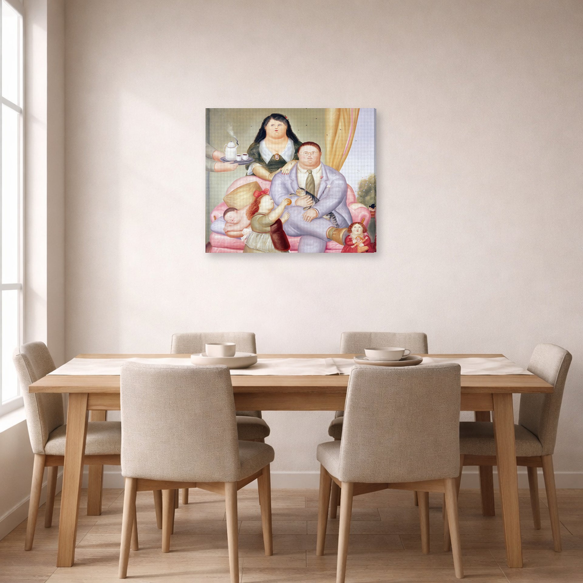 Gallery-wrapped canvas print of Fernando Botero's La Familia Colombiana displayed on a wall in a dining room
