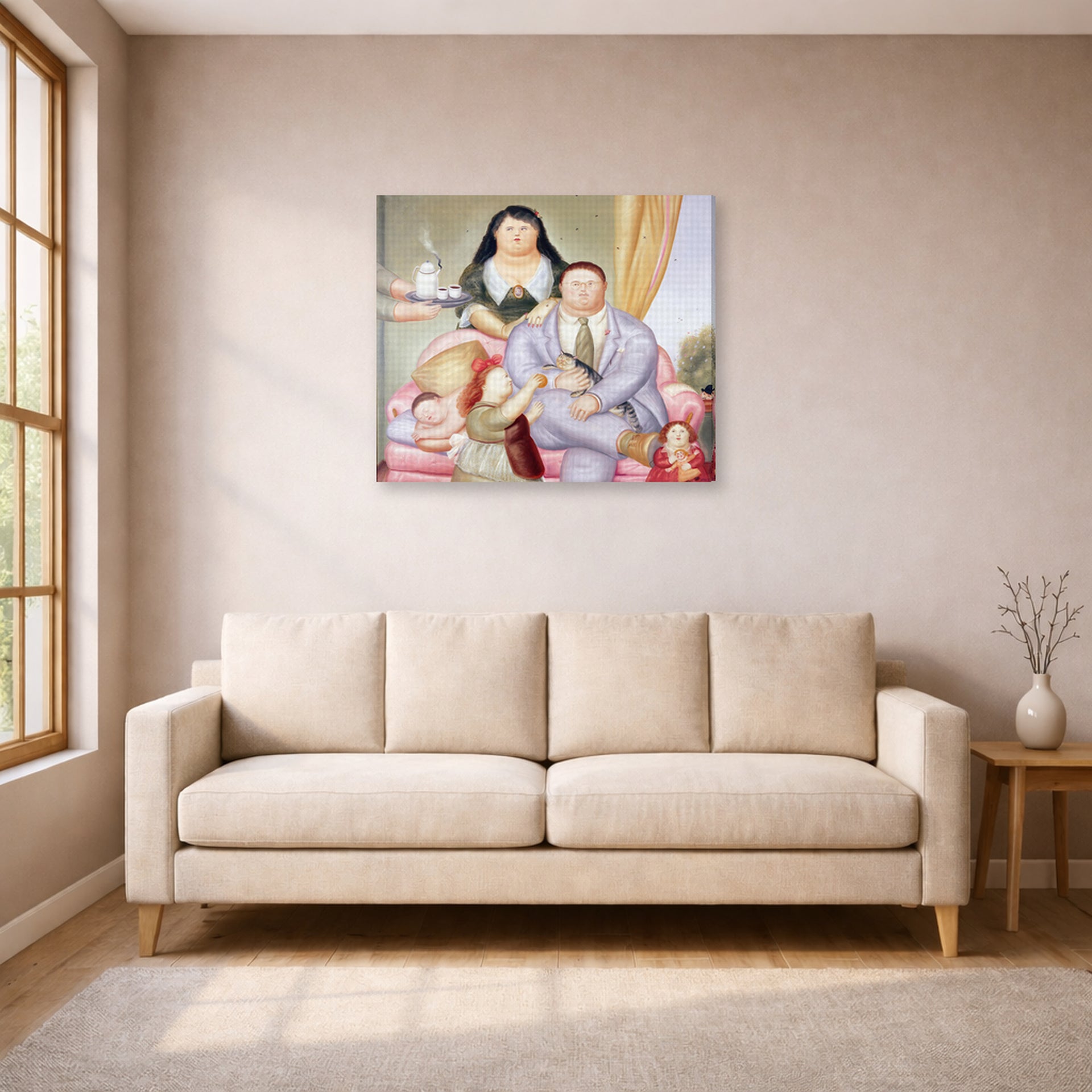 Gallery-wrapped canvas print of Fernando Botero's La Familia Colombiana displayed on a wall in a living room