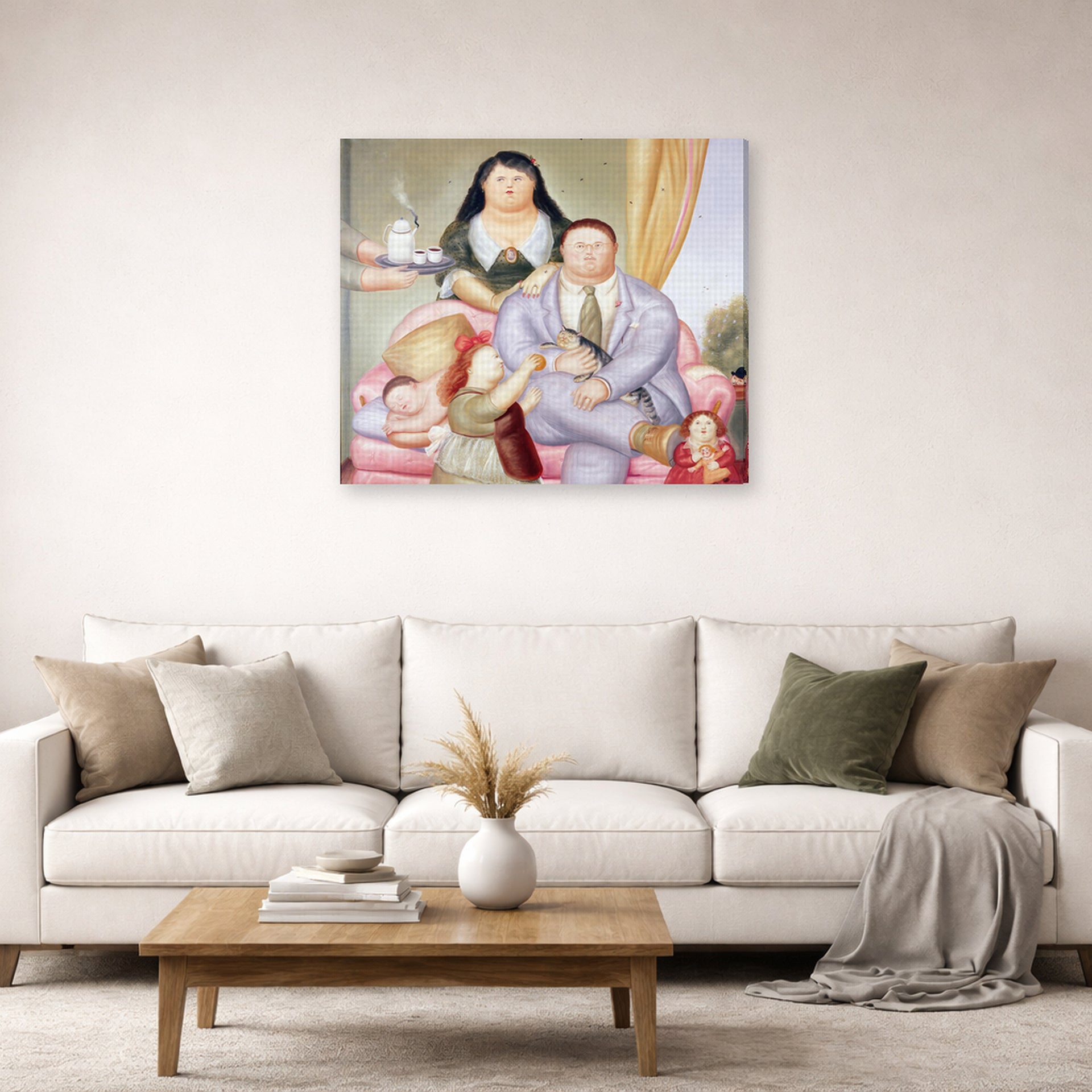 Gallery-wrapped canvas print of Fernando Botero's La Familia Colombiana displayed on a wall in a living room