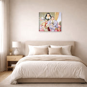 Unframed poster print of Fernando Botero's La Familia Colombiana displayed on a wall in a bedroom