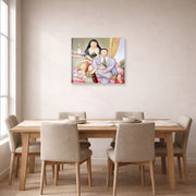 Unframed poster print of Fernando Botero's La Familia Colombiana displayed on a wall in a dining room