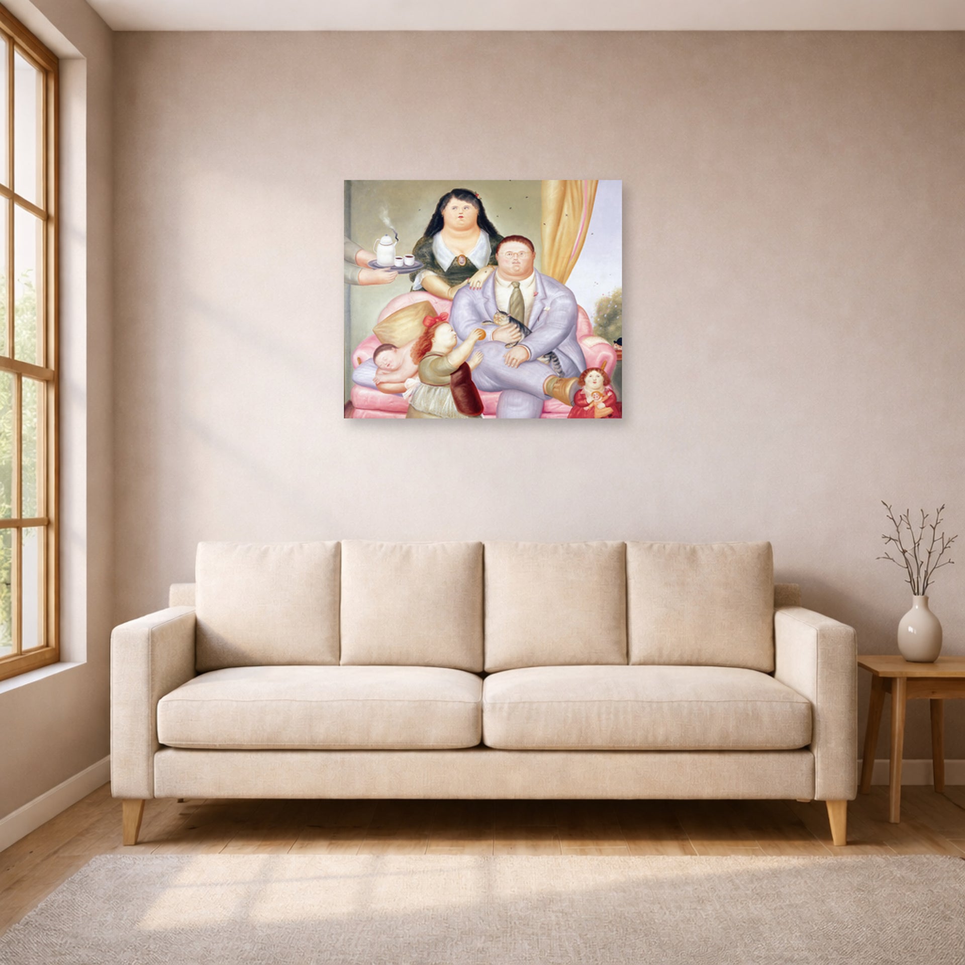 Unframed poster print of Fernando Botero's La Familia Colombiana displayed on a wall in a living room