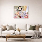 Unframed poster print of Fernando Botero's La Familia Colombiana displayed on a wall in a living room