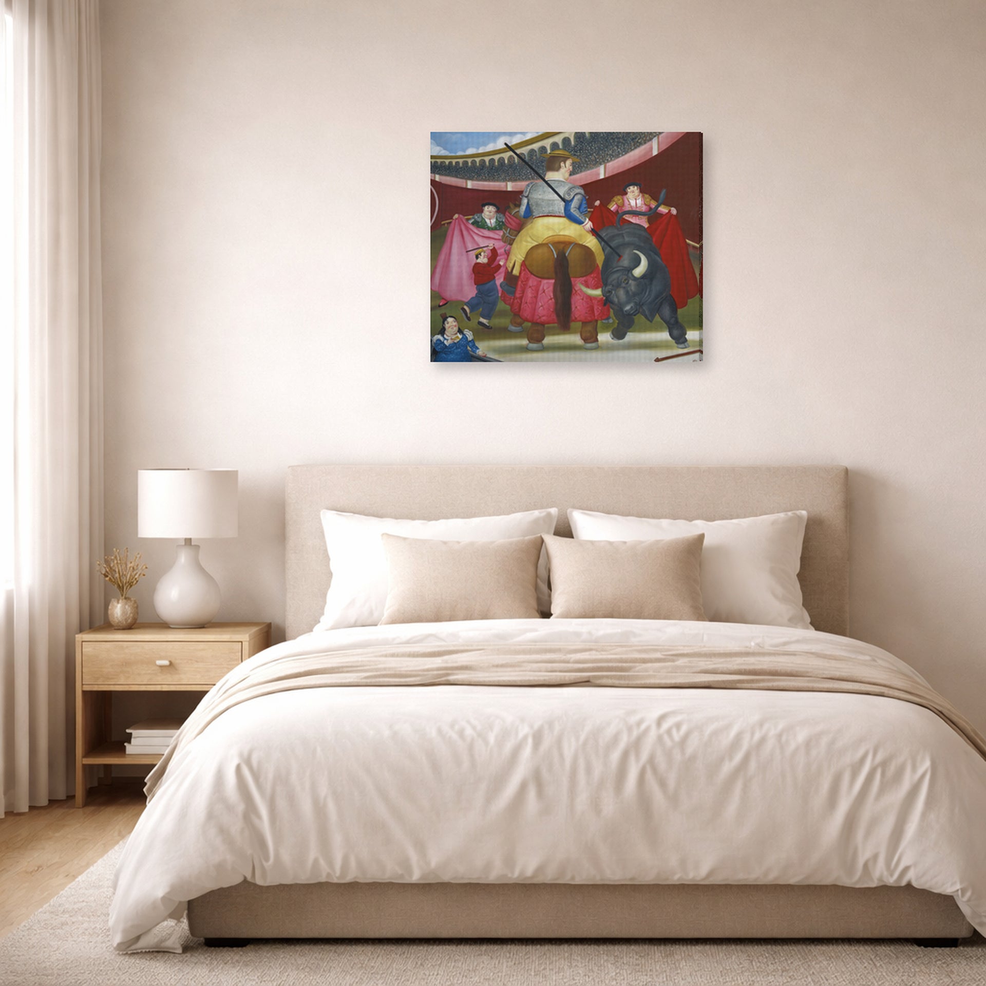 Gallery-wrapped canvas print of Fernando Botero's La Pica displayed on a wall in a bedroom