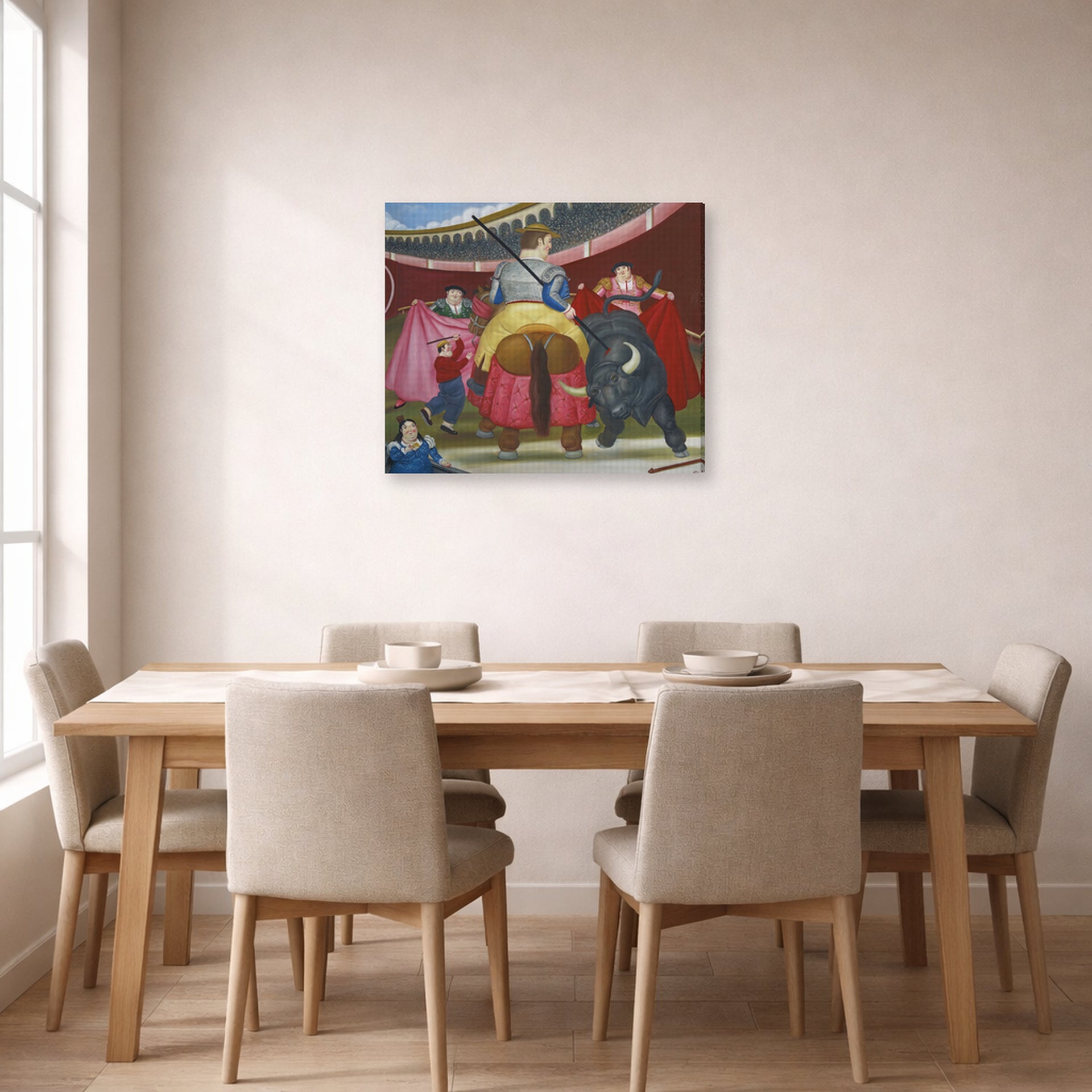 Gallery-wrapped canvas print of Fernando Botero's La Pica displayed on a wall in a dining room