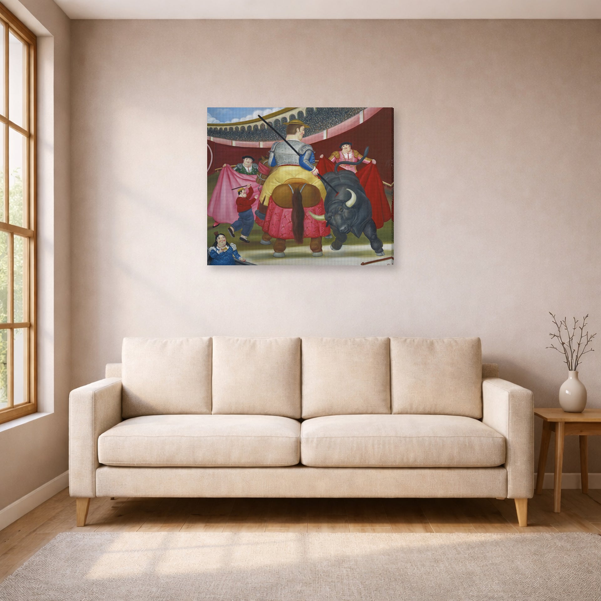 Gallery-wrapped canvas print of Fernando Botero's La Pica displayed on a wall in a living room