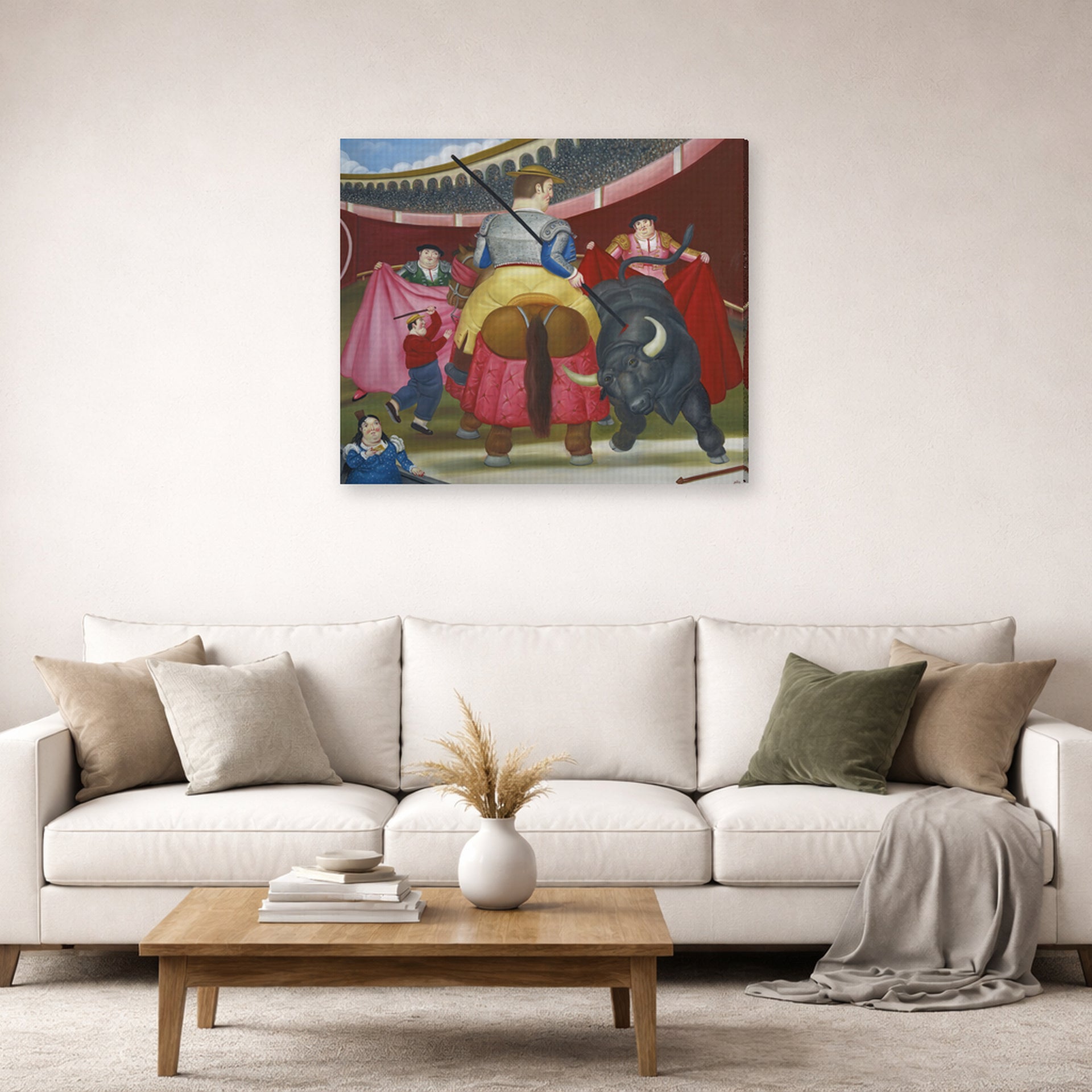 Gallery-wrapped canvas print of Fernando Botero's La Pica displayed on a wall in a living room