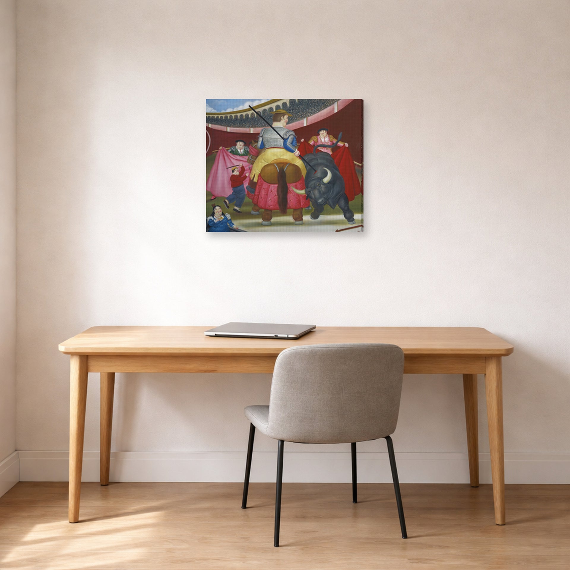 Gallery-wrapped canvas print of Fernando Botero's La Pica displayed on a wall in a home office