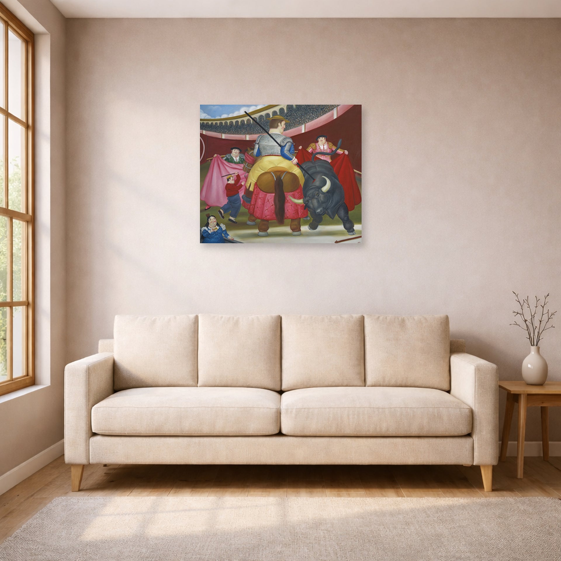 Unframed poster print of Fernando Botero's La Pica displayed on a wall in a living room
