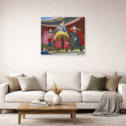 Unframed poster print of Fernando Botero's La Pica displayed on a wall in a living room