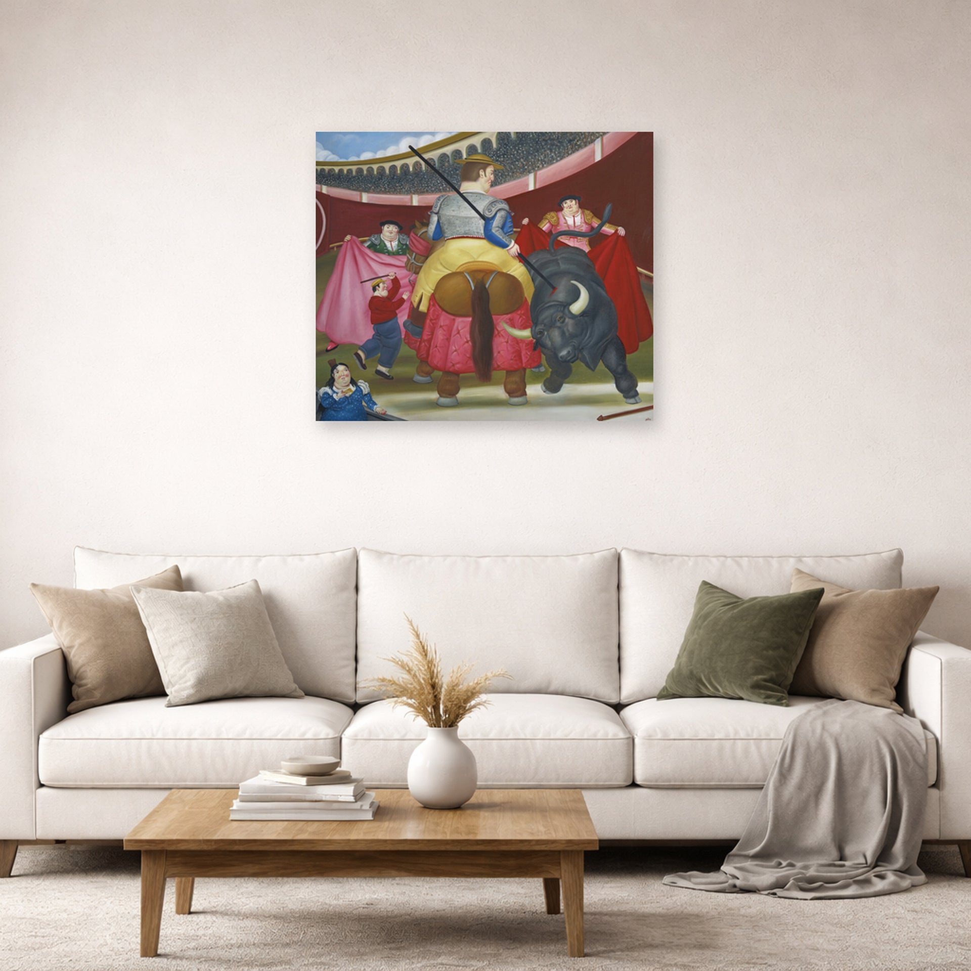 Unframed poster print of Fernando Botero's La Pica displayed on a wall in a living room