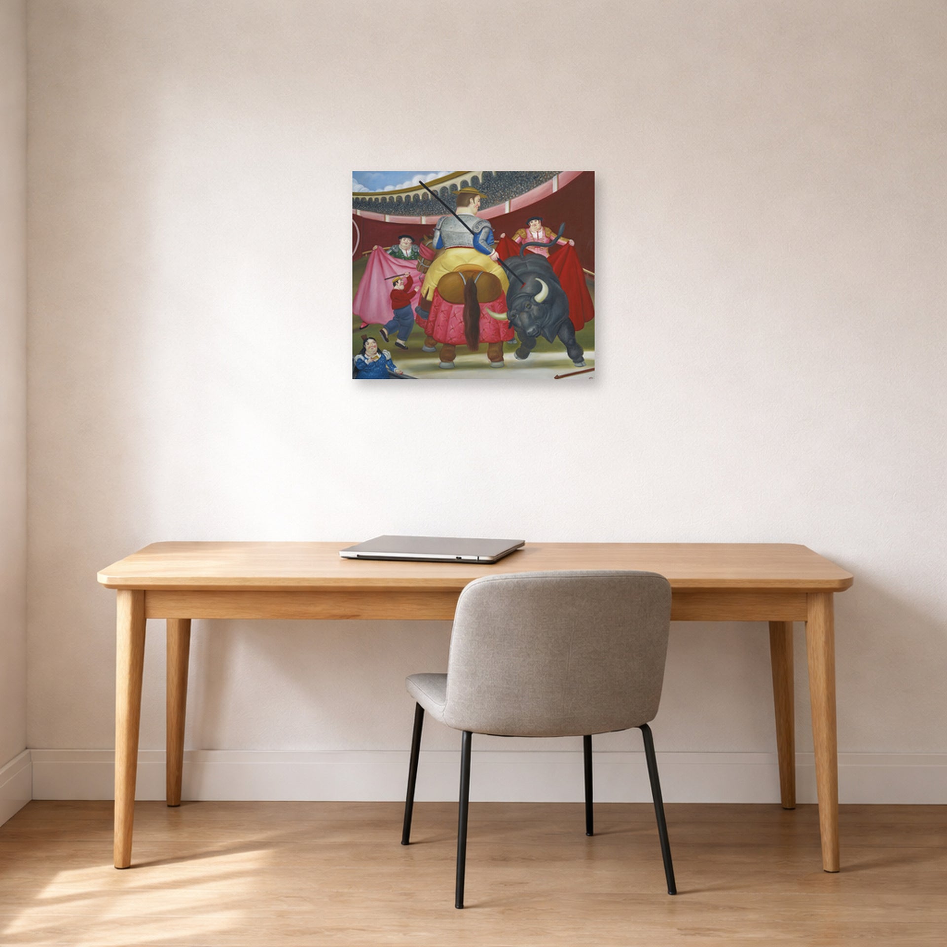 Unframed poster print of Fernando Botero's La Pica displayed on a wall in a home office