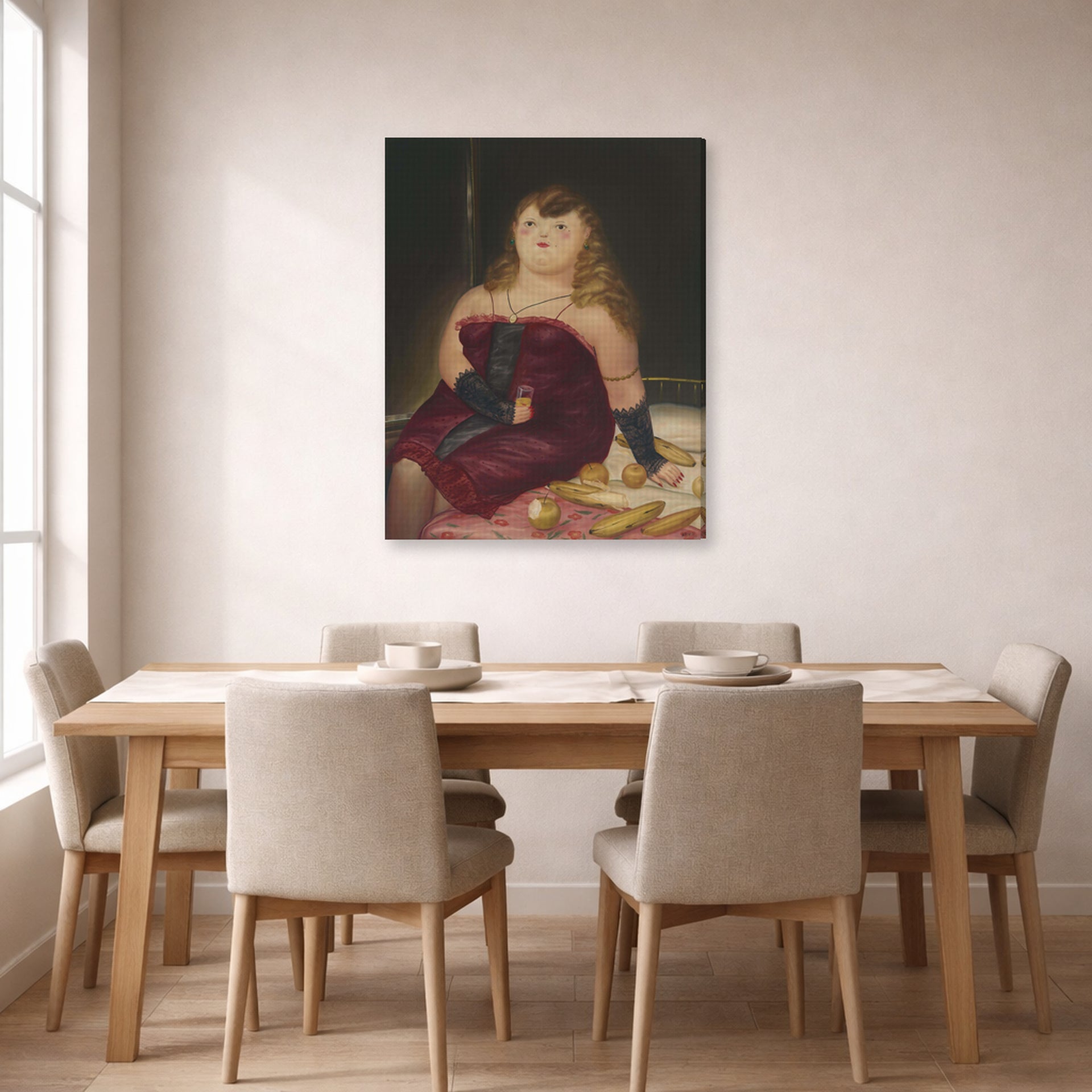 Gallery-wrapped canvas print of Fernando Botero's La Rocca displayed on a wall in a dining room