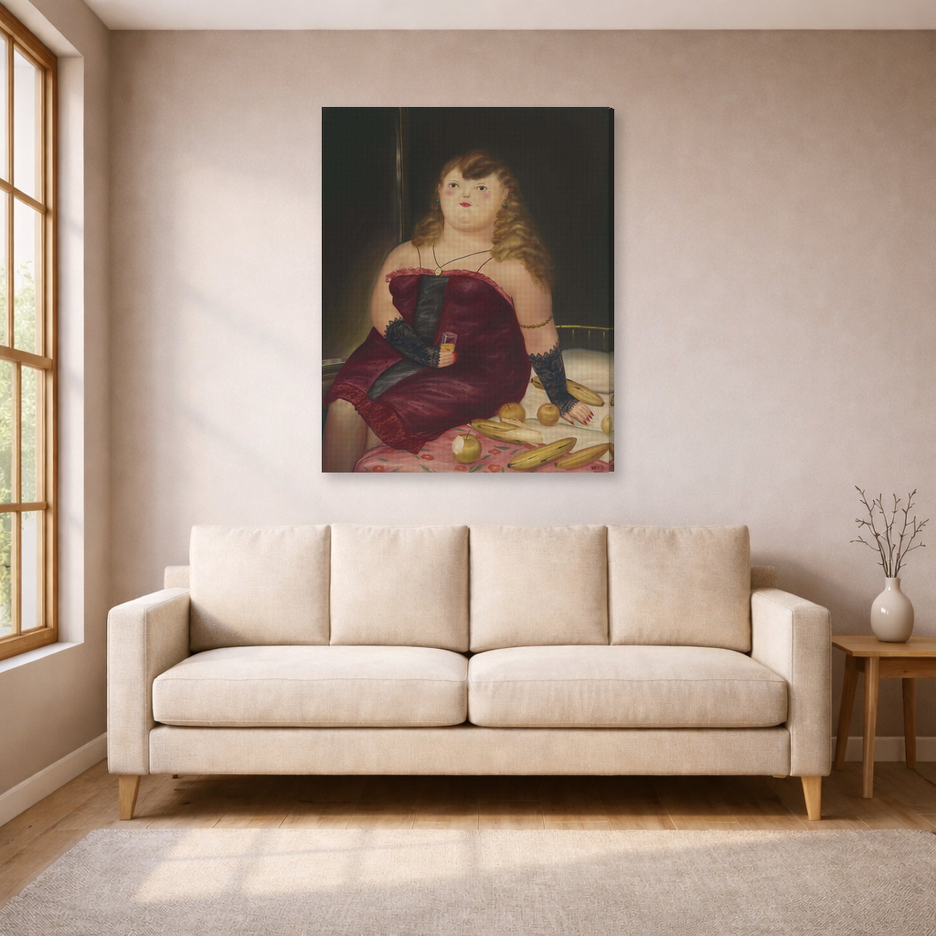Gallery-wrapped canvas print of Fernando Botero's La Rocca displayed on a wall in a living room