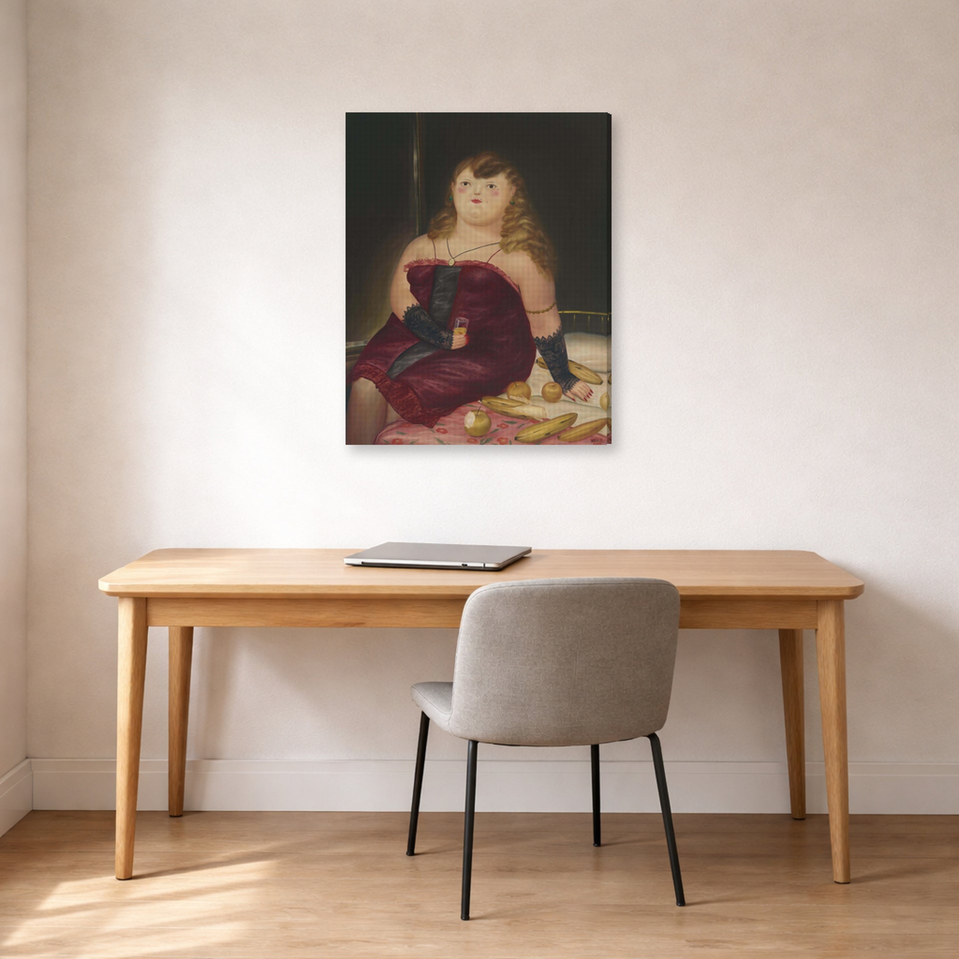 Gallery-wrapped canvas print of Fernando Botero's La Rocca displayed on a wall in a home office