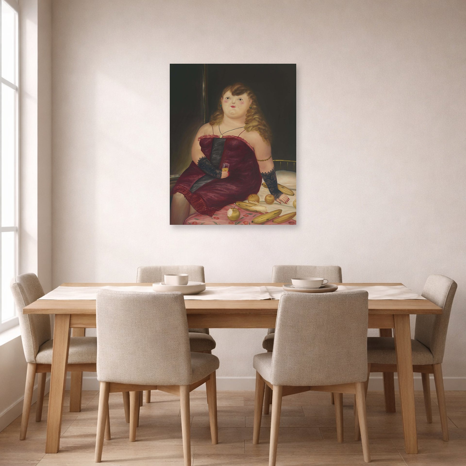 Unframed poster print of Fernando Botero's La Rocca displayed on a wall in a dining room