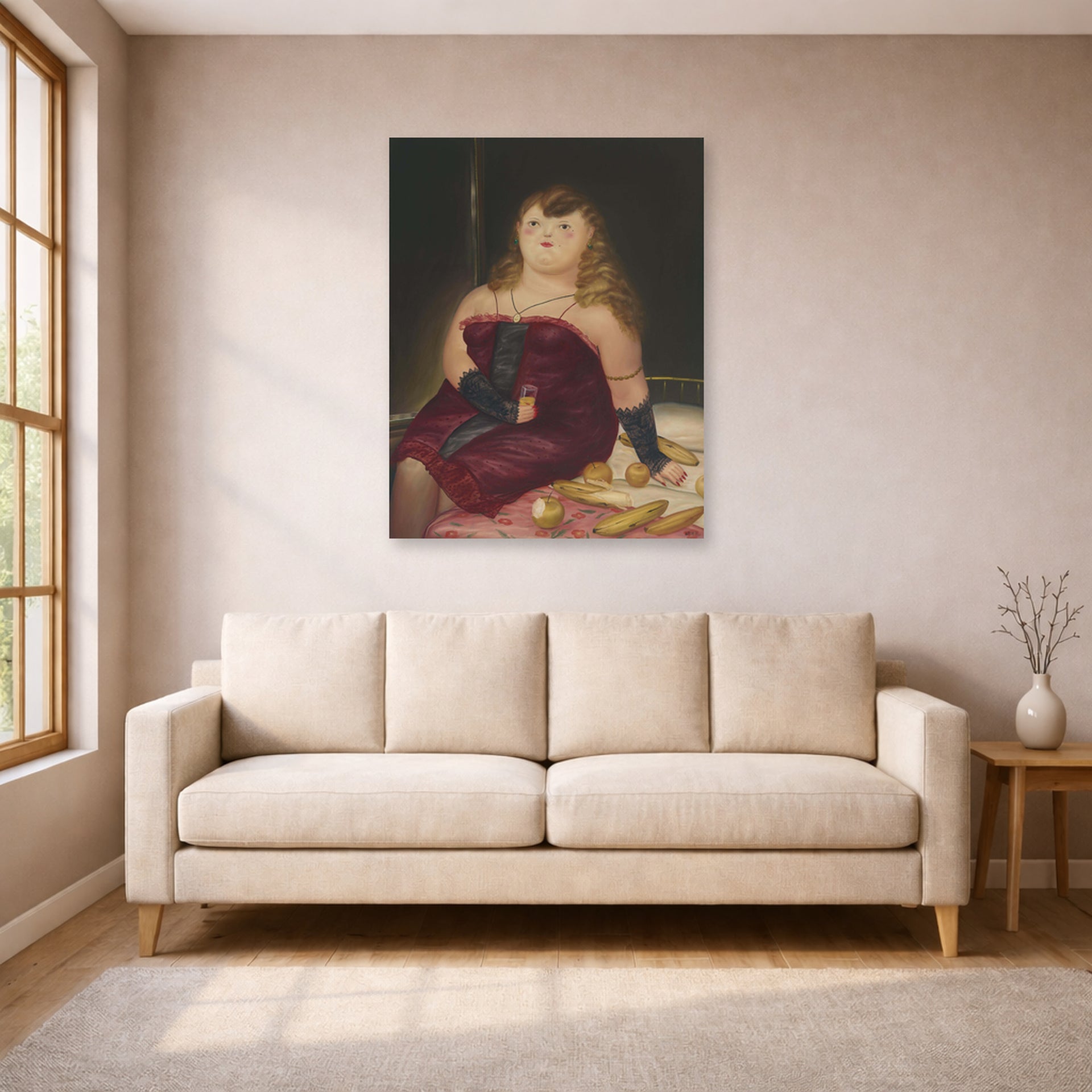 Unframed poster print of Fernando Botero's La Rocca displayed on a wall in a living room