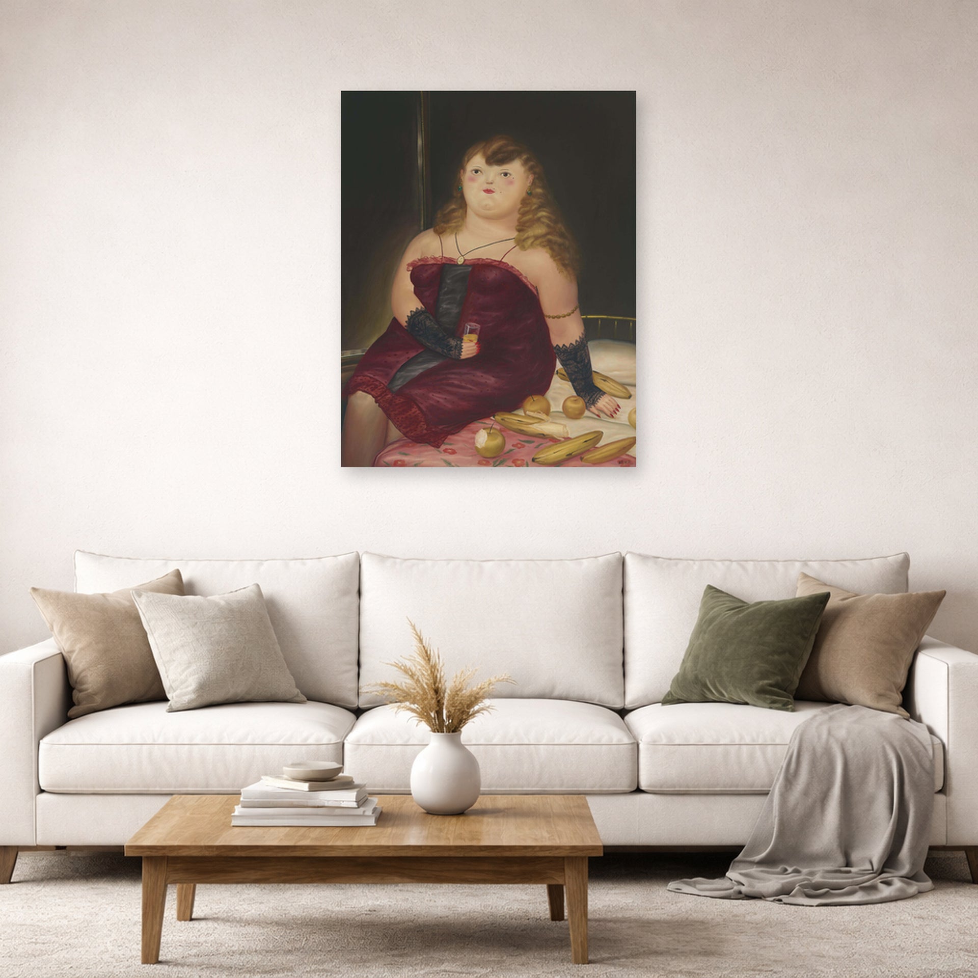 Unframed poster print of Fernando Botero's La Rocca displayed on a wall in a living room