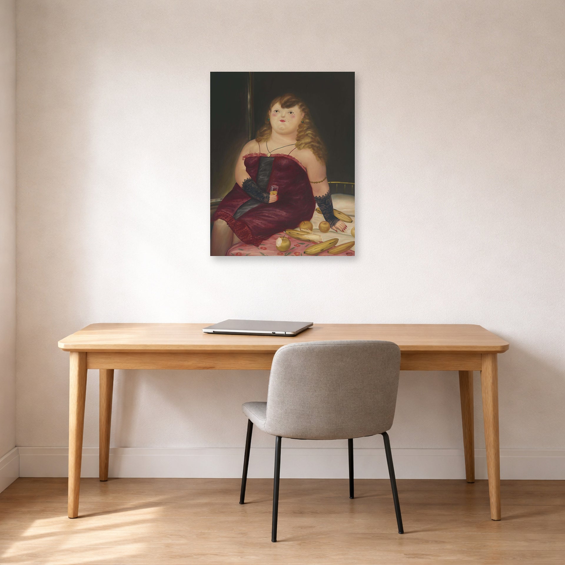 Unframed poster print of Fernando Botero's La Rocca displayed on a wall in a home office