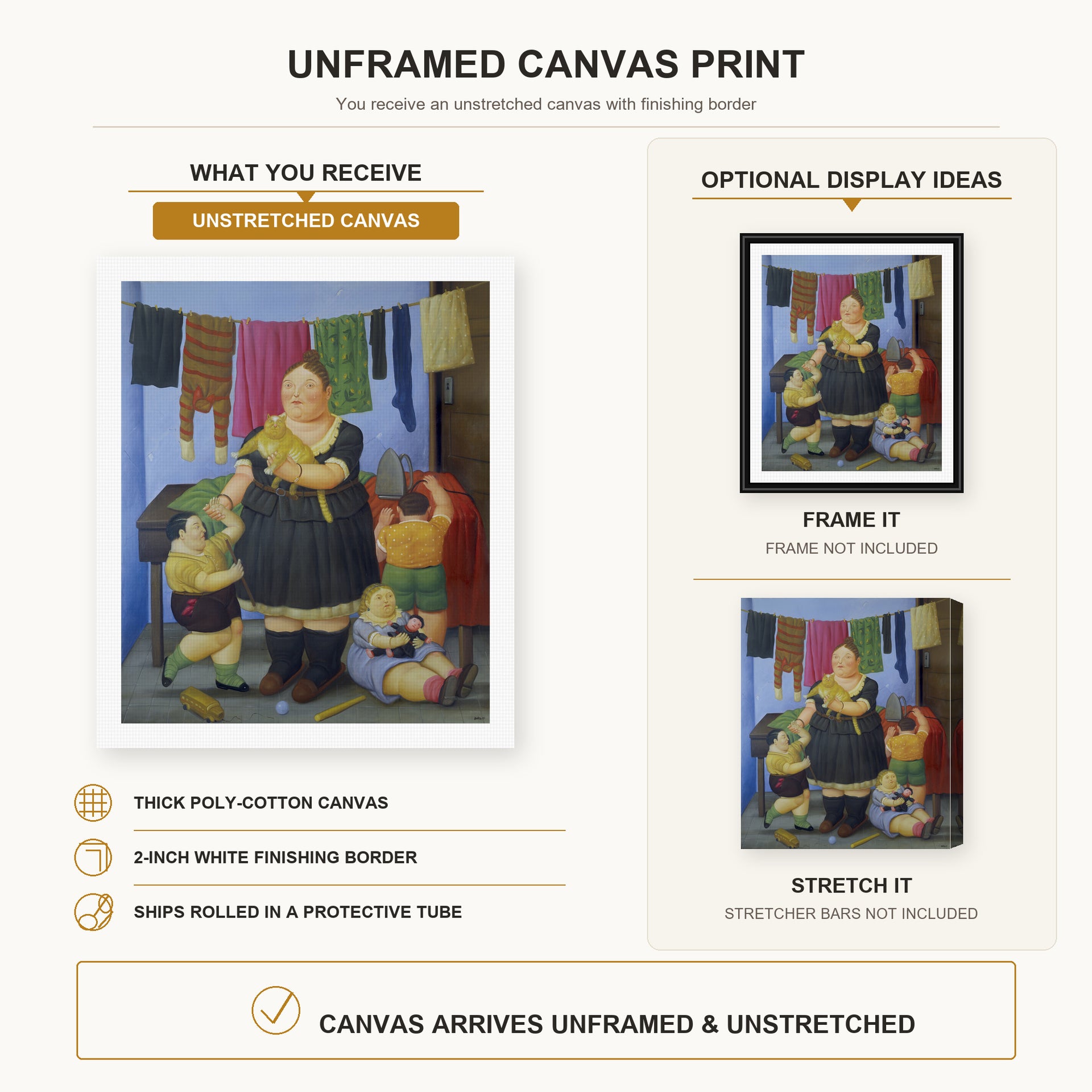 Fernando Botero - La Vedova canvas print size comparison and framing display infographic
