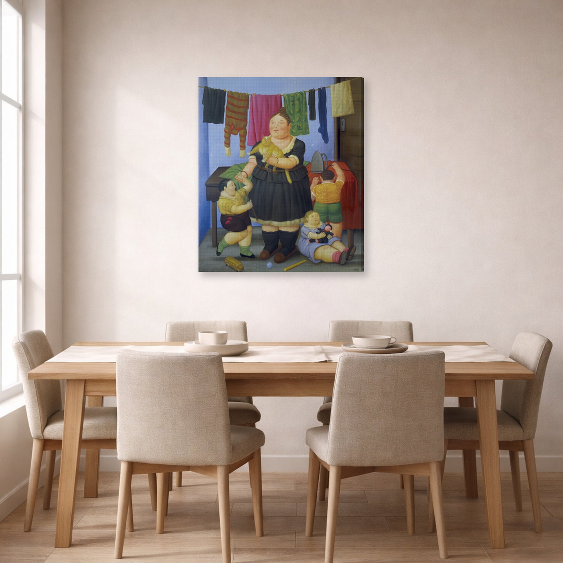 Gallery-wrapped canvas print of Fernando Botero's La Vedova displayed on a wall in a dining room