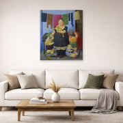 Gallery-wrapped canvas print of Fernando Botero's La Vedova displayed on a wall in a living room