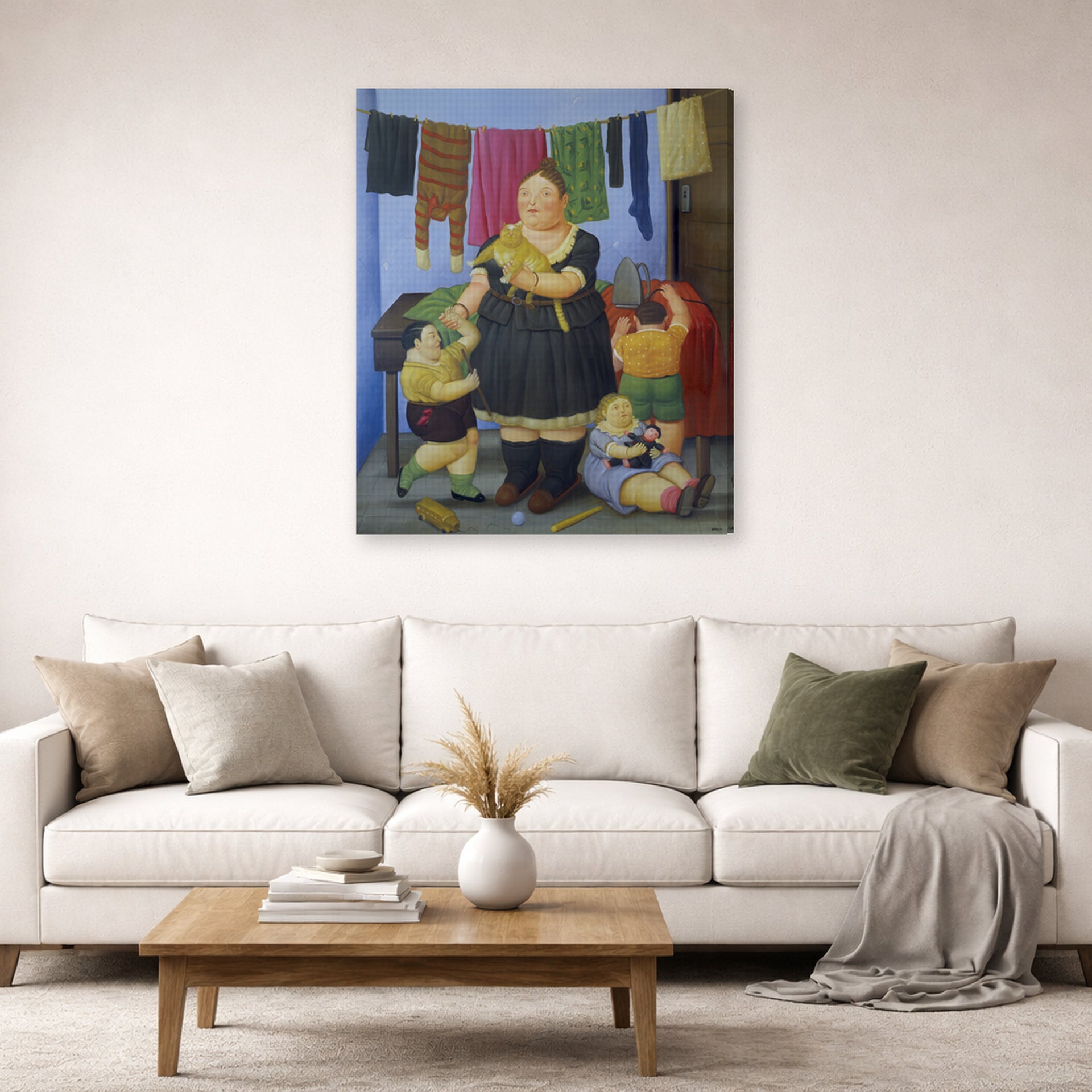 Gallery-wrapped canvas print of Fernando Botero's La Vedova displayed on a wall in a living room