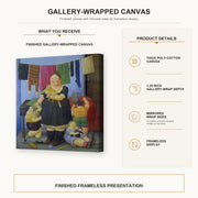 Fernando Botero - La Vedova gallery wrap canvas construction and hanging details infographic