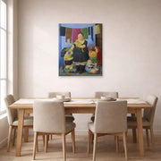 Unframed poster print of Fernando Botero's La Vedova displayed on a wall in a dining room