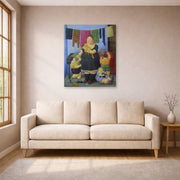 Unframed poster print of Fernando Botero's La Vedova displayed on a wall in a living room