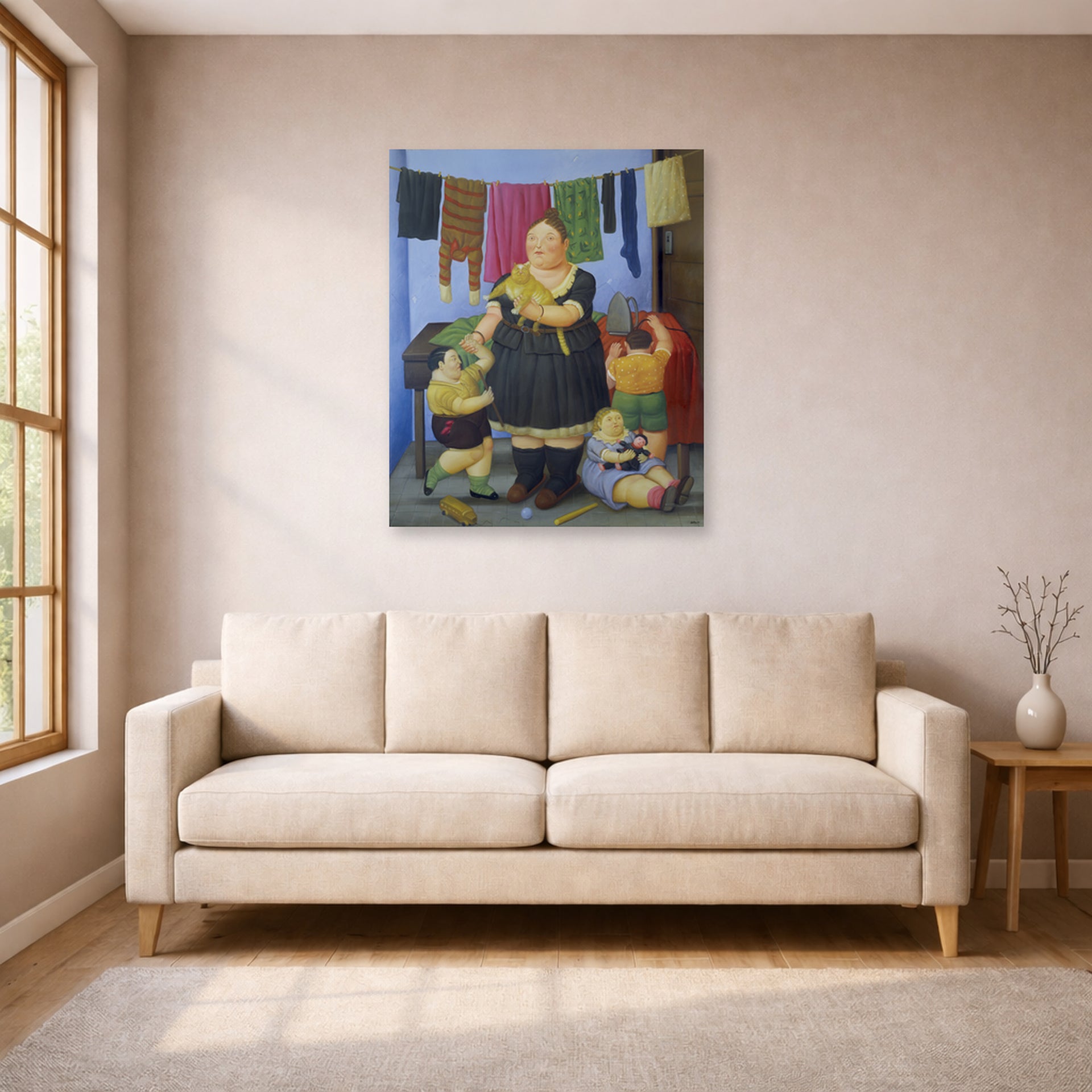 Unframed poster print of Fernando Botero's La Vedova displayed on a wall in a living room