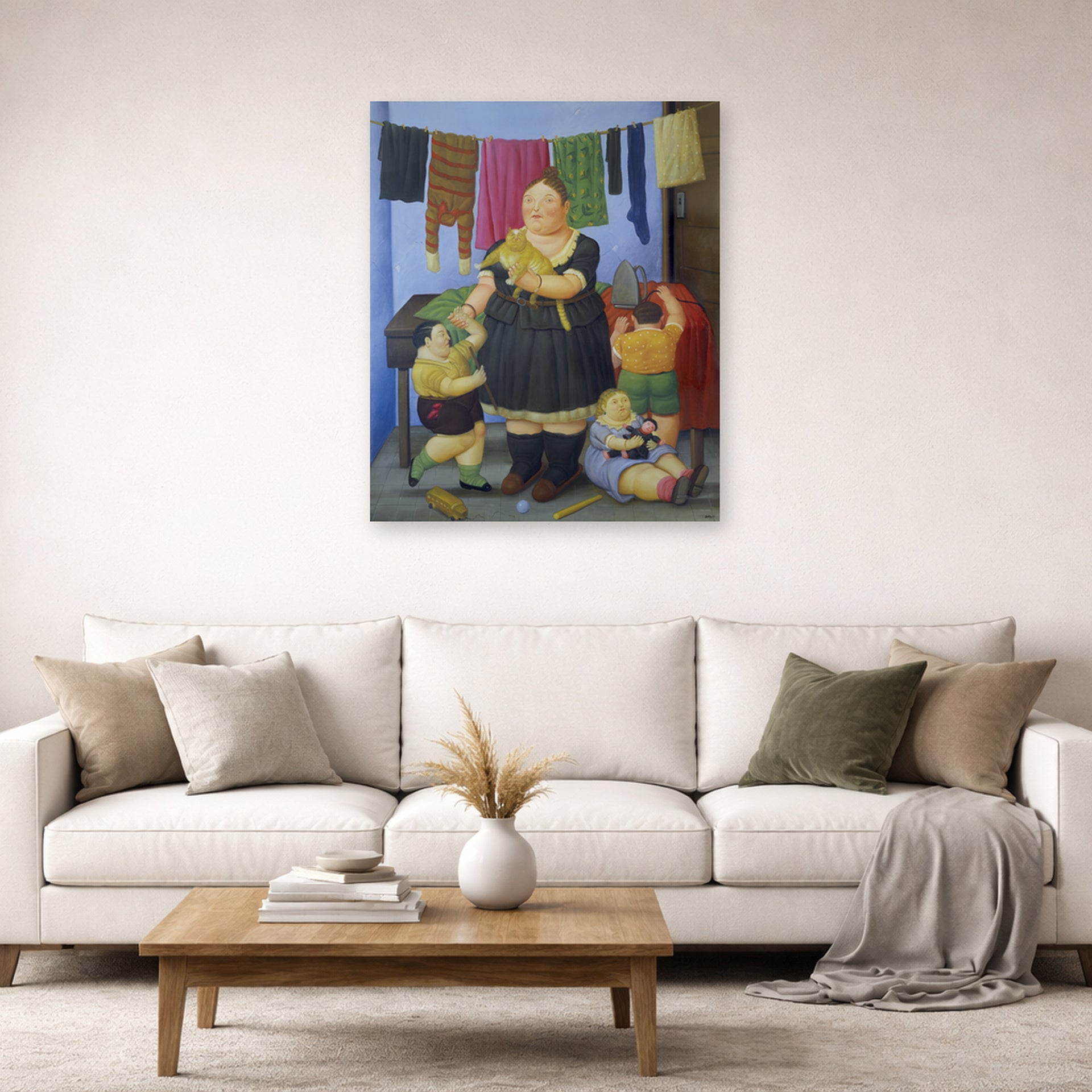 Unframed poster print of Fernando Botero's La Vedova displayed on a wall in a living room
