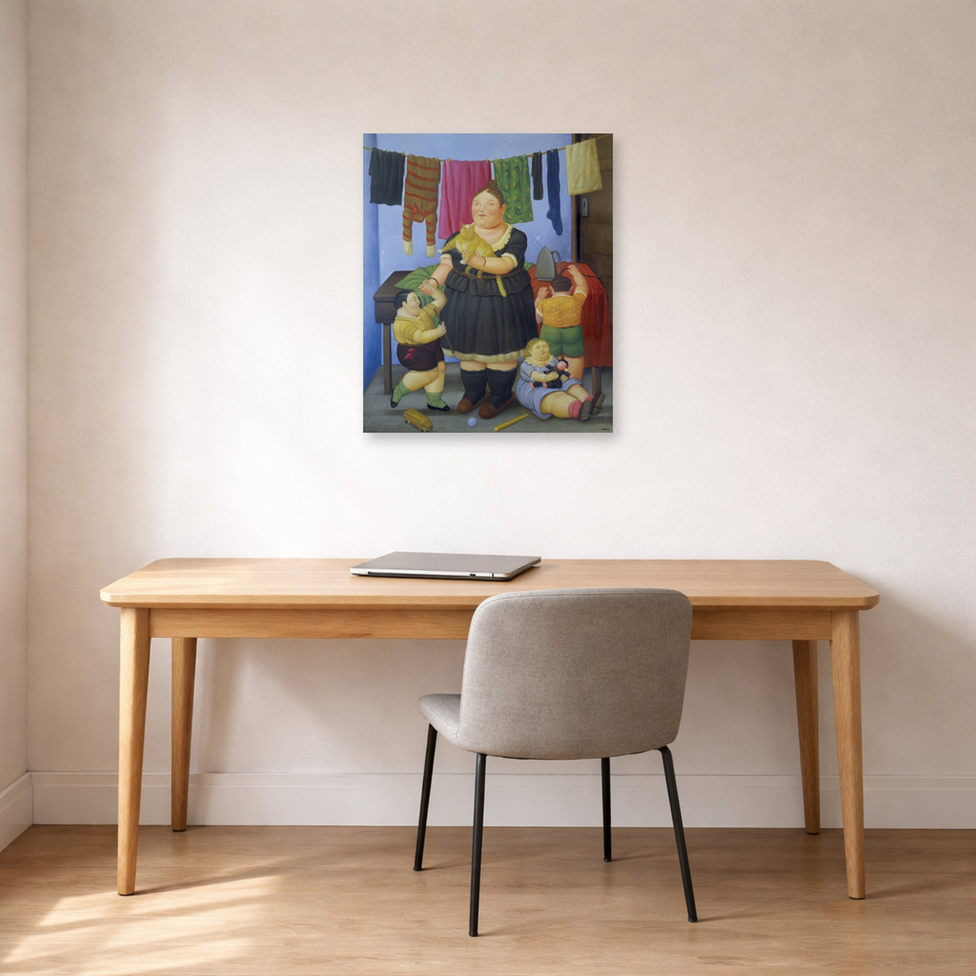Unframed poster print of Fernando Botero's La Vedova displayed on a wall in a home office