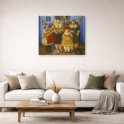 Gallery-wrapped canvas print of Fernando Botero's Le Sorelle displayed on a wall in a living room