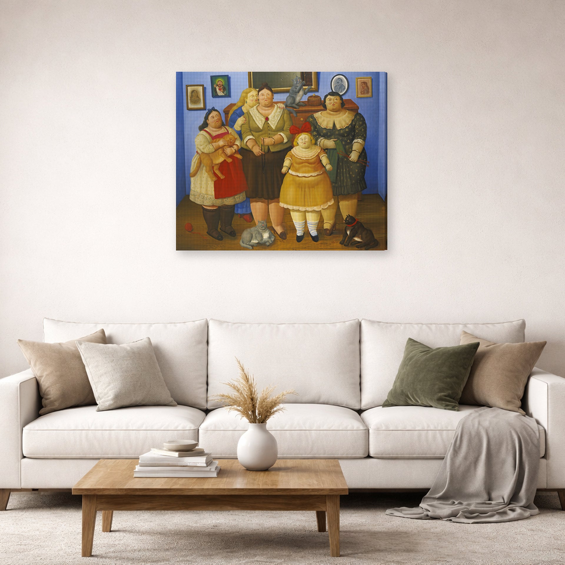 Gallery-wrapped canvas print of Fernando Botero's Le Sorelle displayed on a wall in a living room