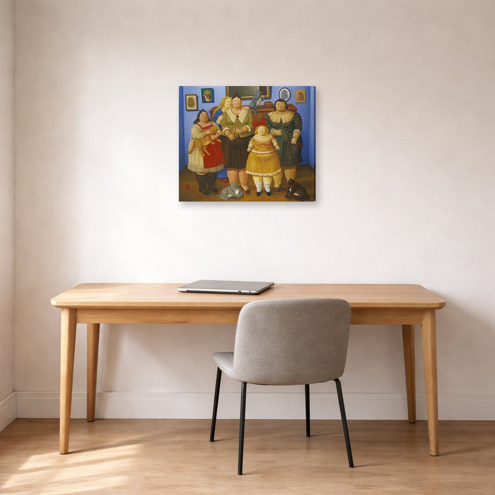 Gallery-wrapped canvas print of Fernando Botero's Le Sorelle displayed on a wall in a home office