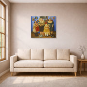 Unframed poster print of Fernando Botero's Le Sorelle displayed on a wall in a living room