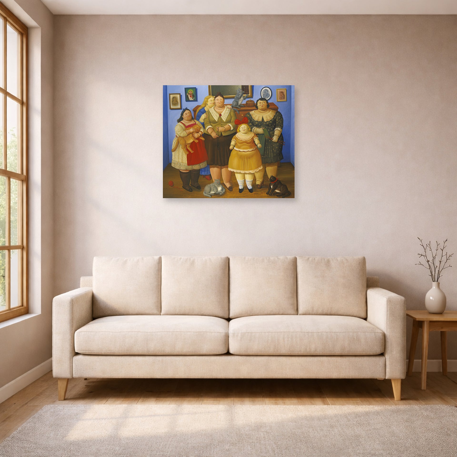 Unframed poster print of Fernando Botero's Le Sorelle displayed on a wall in a living room