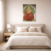 Gallery-wrapped canvas print of Fernando Botero's Madonna with Child displayed on a wall in a bedroom